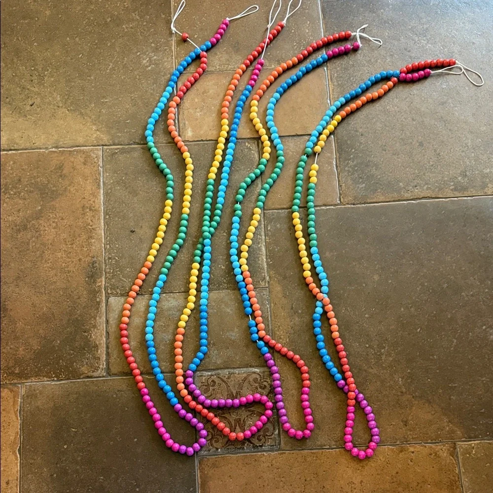 Christmas Garland Wood Beads Festive Whimsical Rainbow 4 Strands 76 inches long.